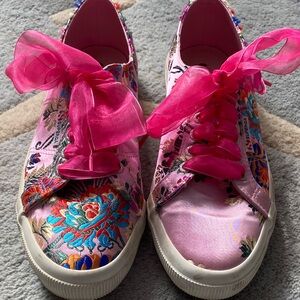 Superga Pink Floral Satin Sneakers with Hot Pink Ribbon Laces